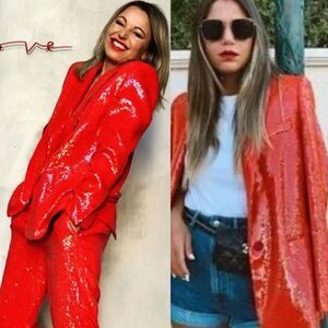 Zara Women Size M Cherry Bomb Red Sequin Blazer Jacket Formal Party Holiday